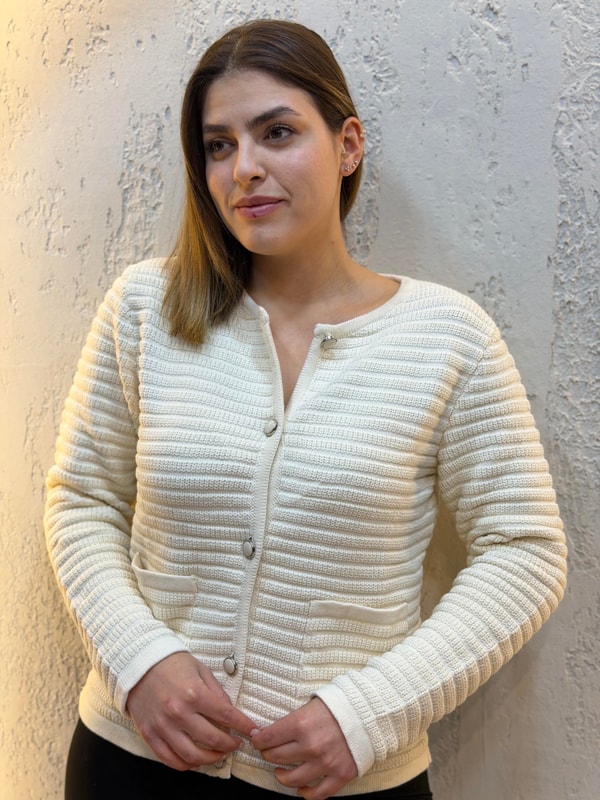 %100 Pamuk Cepli Hırka Krem