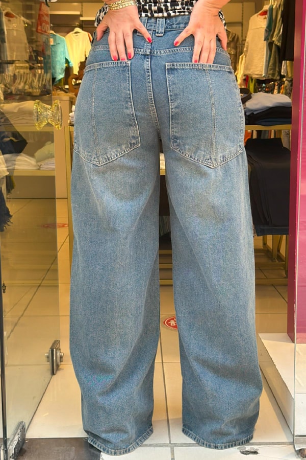 %100 Pamuk Düşük Bel Baggy Kot Pantolon Koyu İndigo
