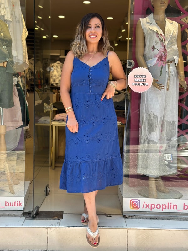%100 Pamuk Fistolu İp Askılı Elbise Mavi