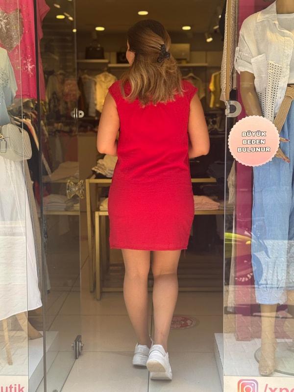 %100 Pamuk İşlemeli Elbise Kırmızı
