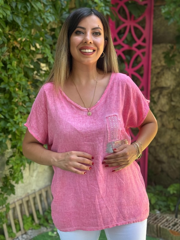 %100 Pamuk Keten İthal Bluz Pembe