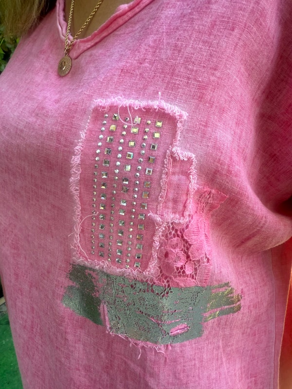 %100 Pamuk Keten İthal Bluz Pembe