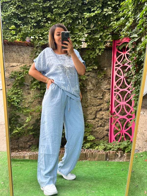 %100 Pamuk Keten Omuz Detaylı İthal Bluz Bebe Mavisi