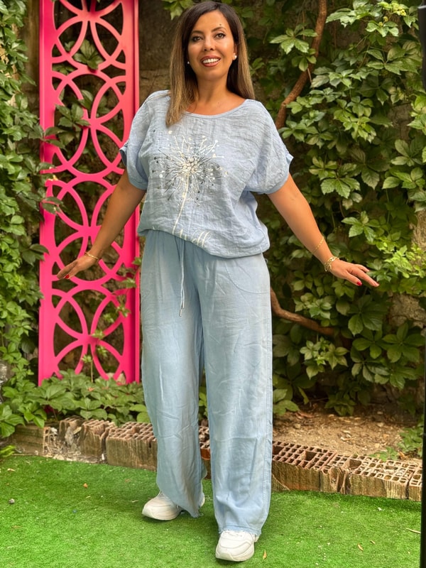 %100 Pamuk Keten Omuz Detaylı İthal Bluz Bebe Mavisi