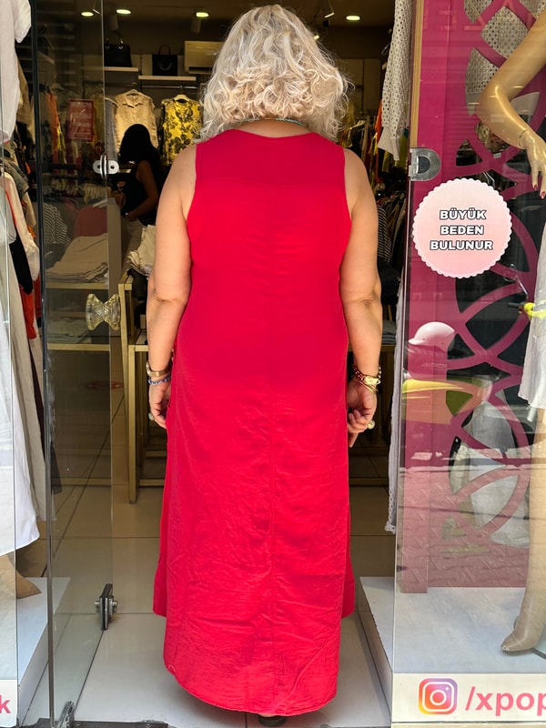 %100 Pamuk Papatya Elbise Kırmızı
