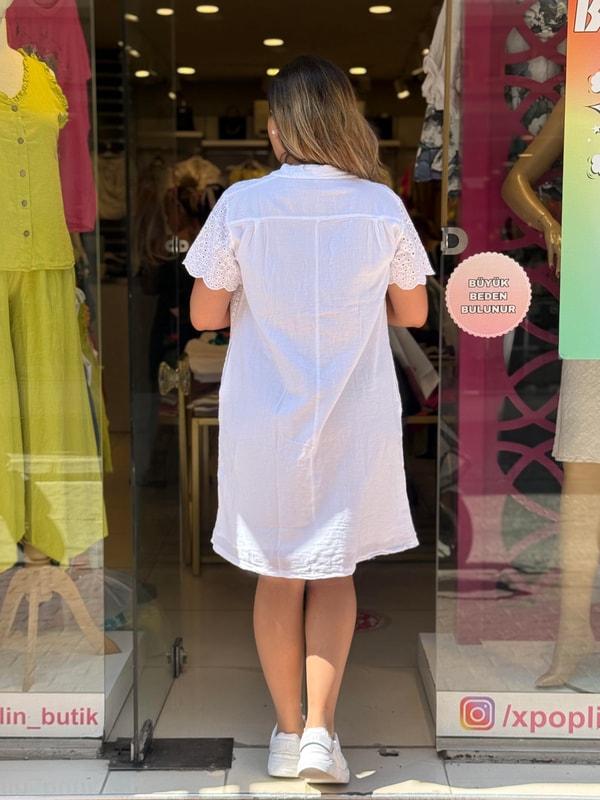 %100 Pamuk Polo Yaka Fistolu Elbise Beyaz