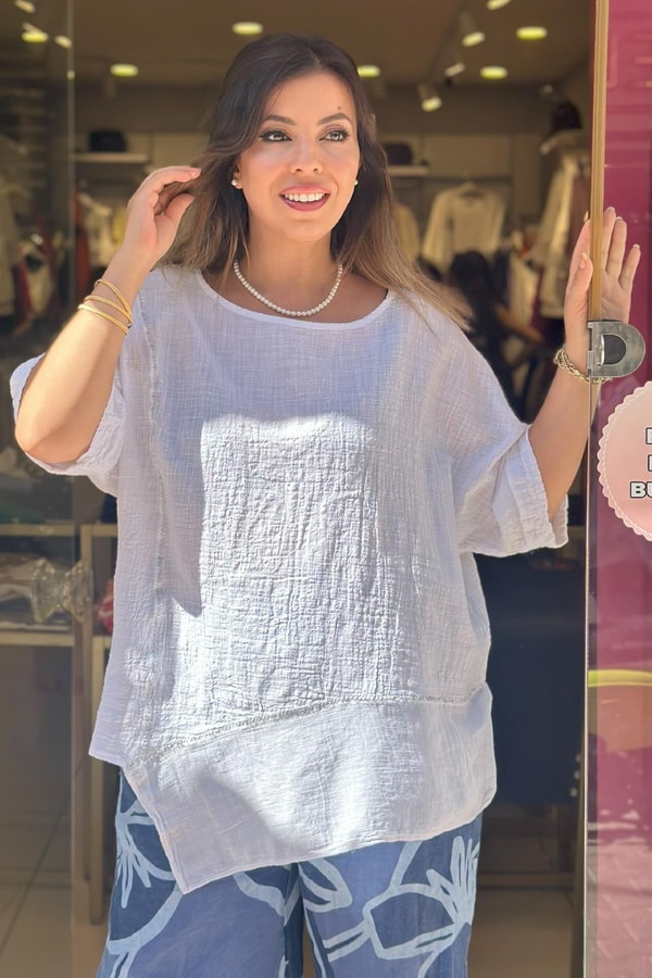 %100 Pamuk Sim Detaylı Asimetrik Kesim Bluz