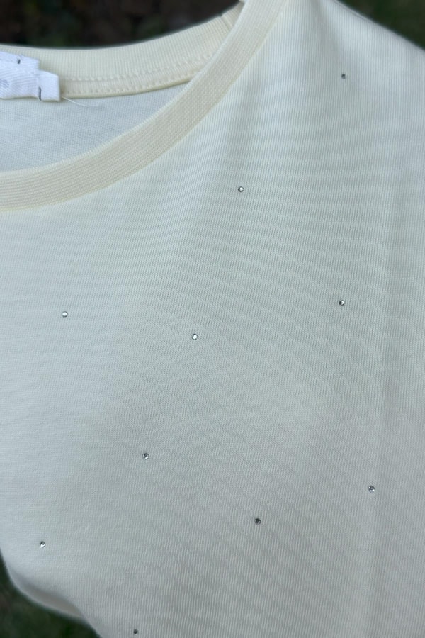 %100 Pamuk Taş Yapıştırmalı Kısa Kollu T-shirt Sarı
