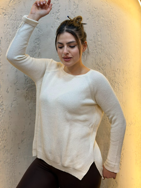 %100 Pamuk Yırtmaç Detaylı Kol Katlamalı Triko Bluz Ekru