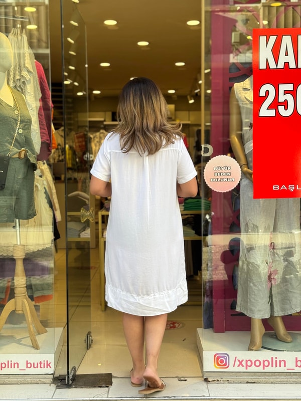 %100 Tensel Kısa Kollu Elbise Beyaz