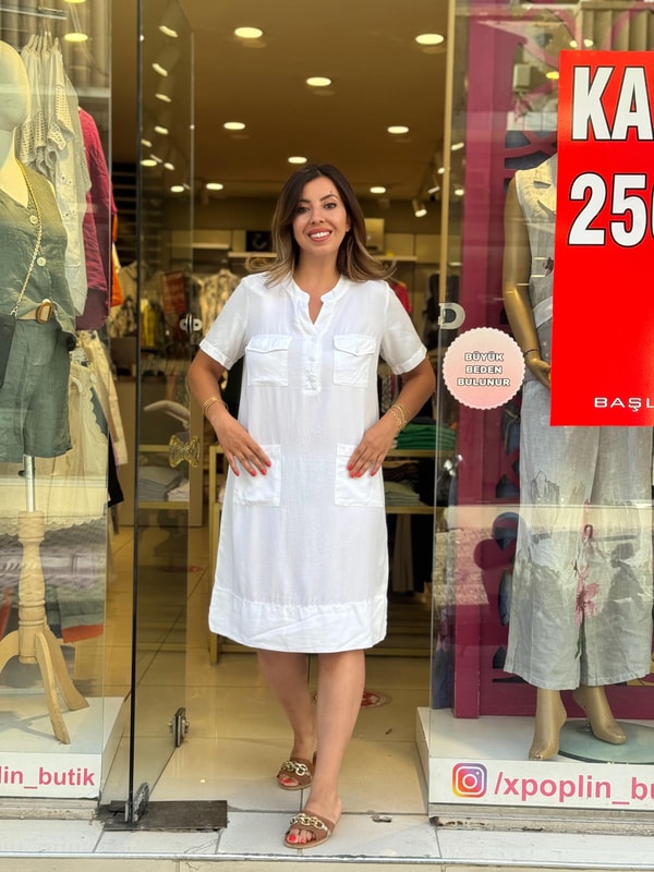 %100 Tensel Kısa Kollu Elbise Beyaz