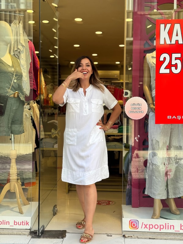 %100 Tensel Kısa Kollu Elbise Beyaz