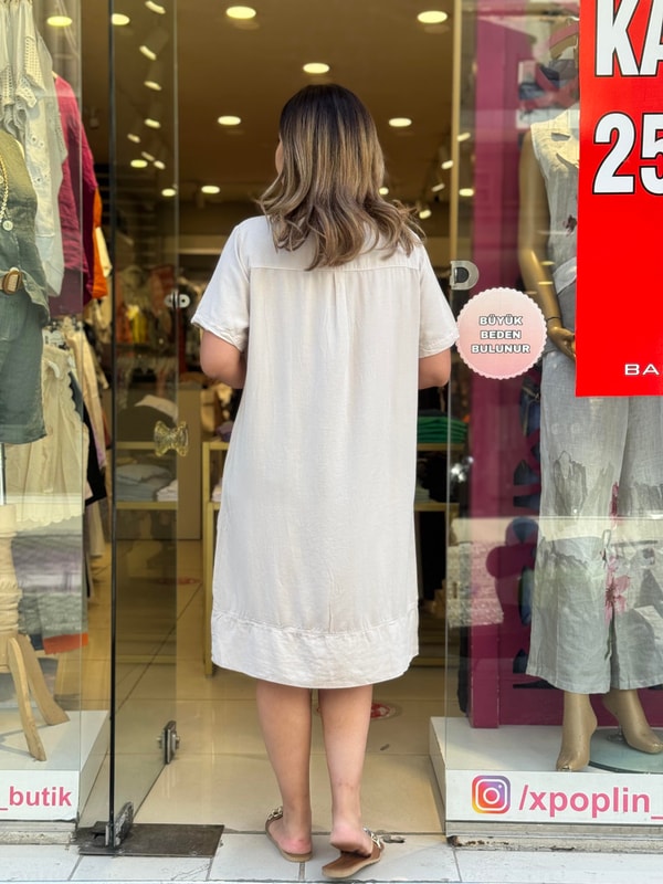 %100 Tensel Kısa Kollu Elbise Krem