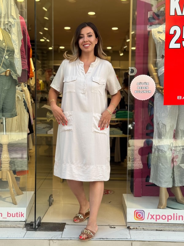 %100 Tensel Kısa Kollu Elbise Krem