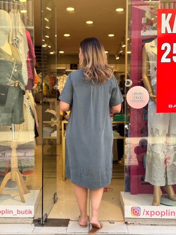 %100 Tensel Kısa Kollu Elbise Petrol Yeşili