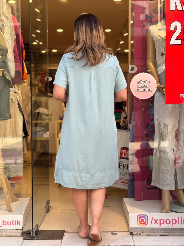 %100 Tensel Kısa Kollu Elbise Su Yeşili