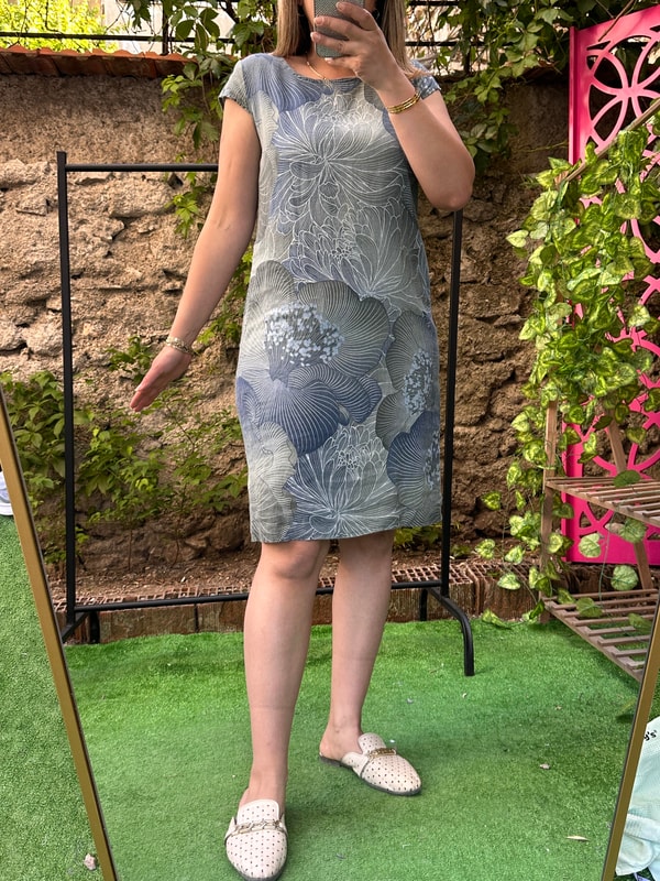 Açelya Desenli İthal %100 Keten Elbise Haki