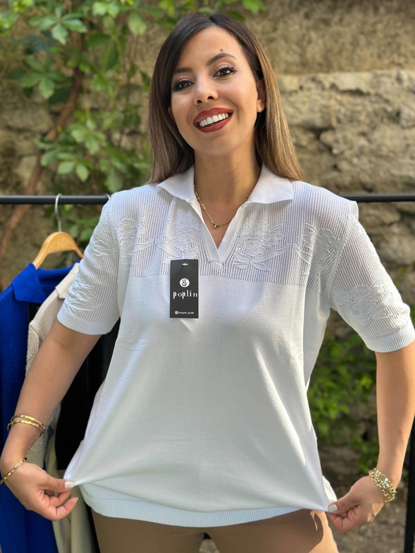 Ajur Detaylı Merserize Triko Bluz Beyaz