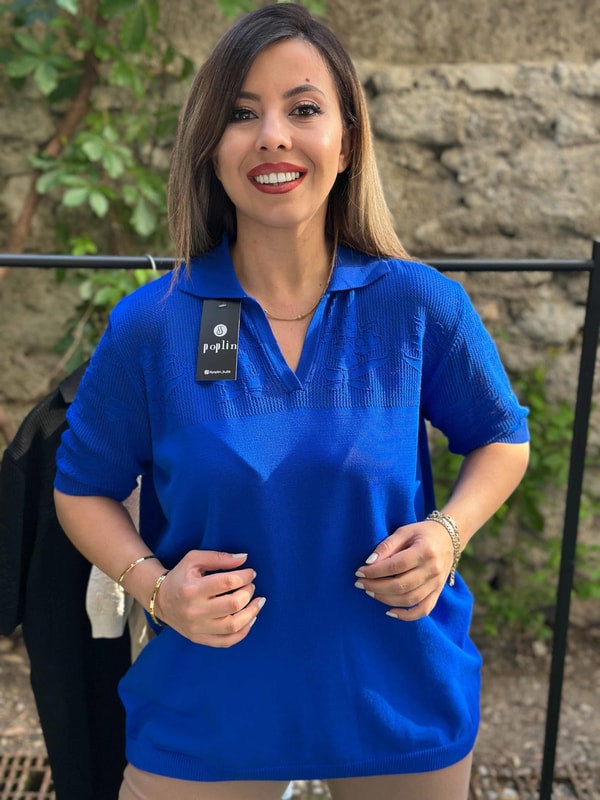 Ajur Detaylı Merserize Triko Bluz Saks Mavi