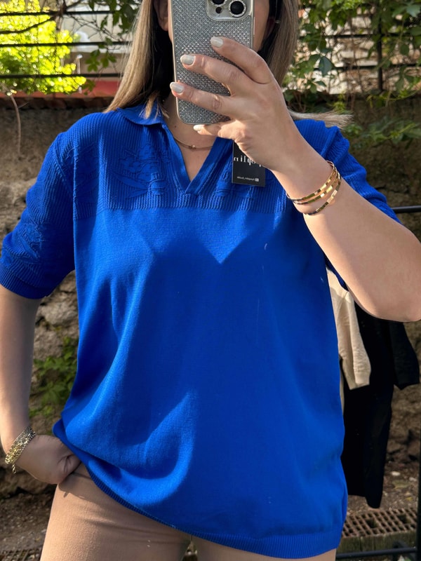 Ajur Detaylı Merserize Triko Bluz Saks Mavi