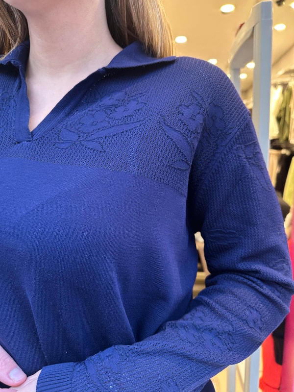 Ajur Detaylı Merserize Triko Uzun Kollu Polo Yaka Bluz Lacivert