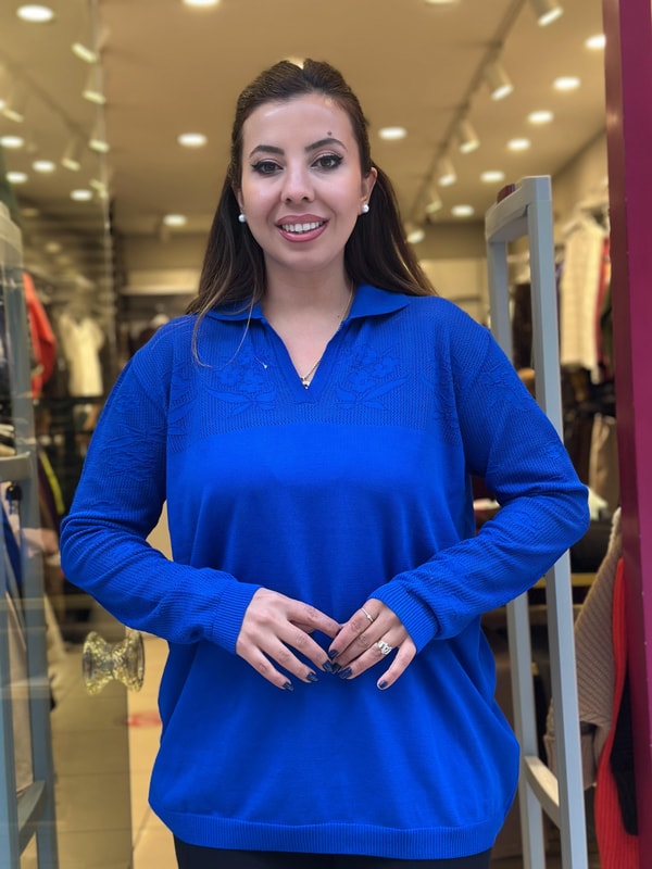 Ajur Detaylı Merserize Triko Uzun Kollu Polo Yaka Bluz Saks Mavi