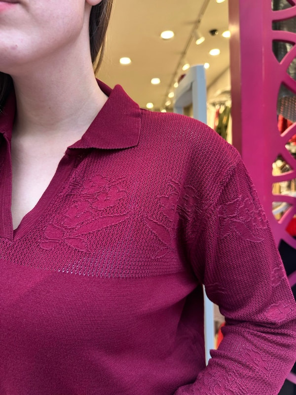 Ajur Detaylı Merserize Triko Uzun Kollu Polo Yaka Bluz Bordo