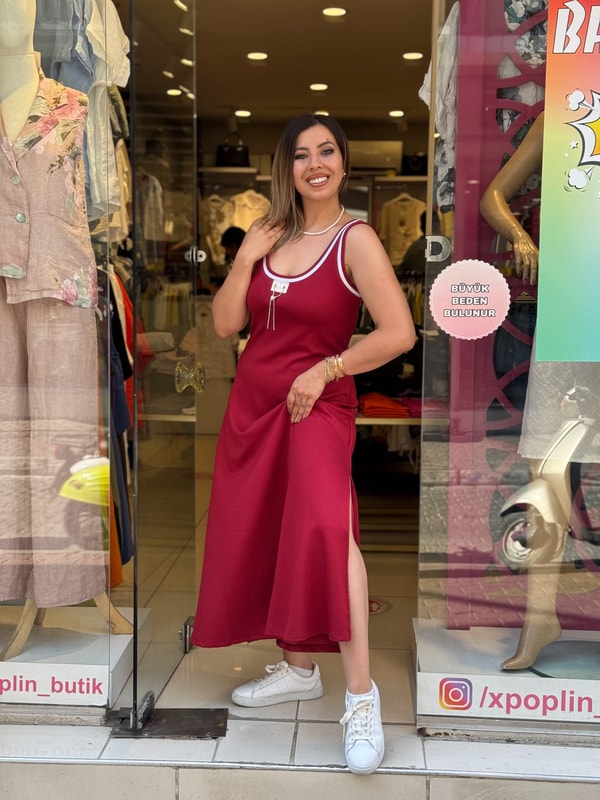 Askılı Biyeli Elbise Bordo