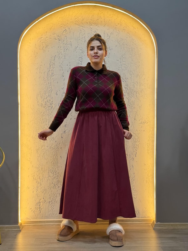 Baklava Desenli Polo Yaka Triko Bluz Acı Kahve