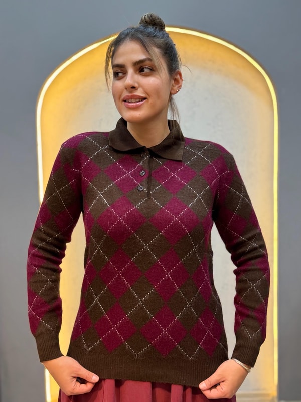 Baklava Desenli Polo Yaka Triko Bluz Acı Kahve