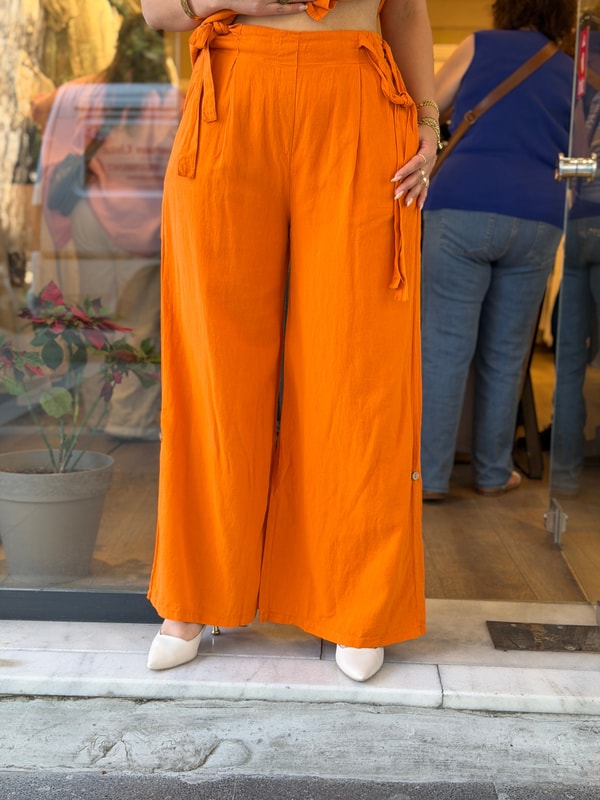 Beli Kurdele Detaylı Geniş Pantolon Turuncu