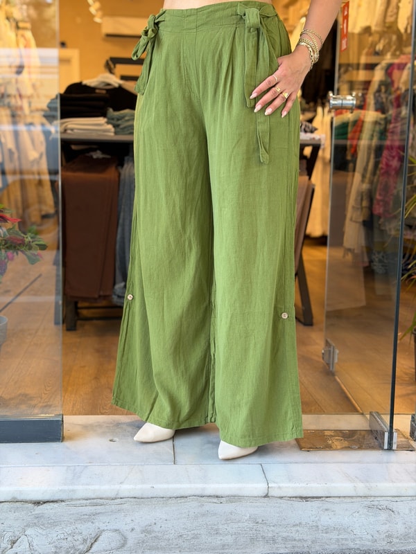 Beli Kurdele Detaylı Geniş Pantolon Yeşil