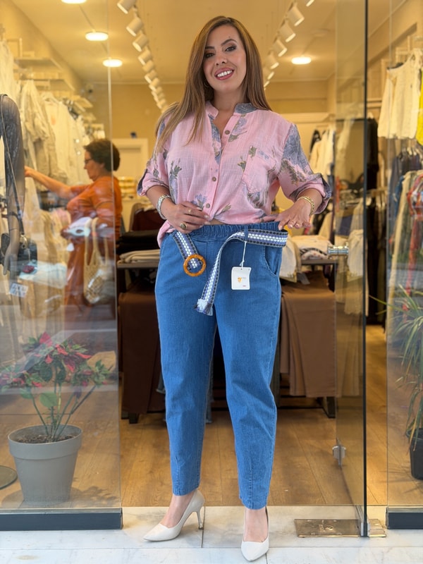 Beli Lastikli Kemer Detay Pantolon Mavi