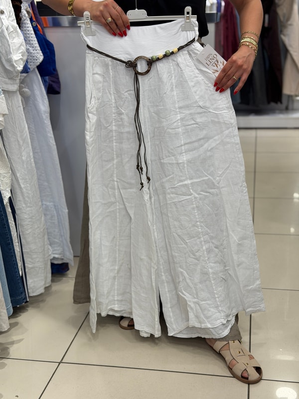 Beli Lastikli Kemer Detaylı Geniş Paça Pantolon Beyaz