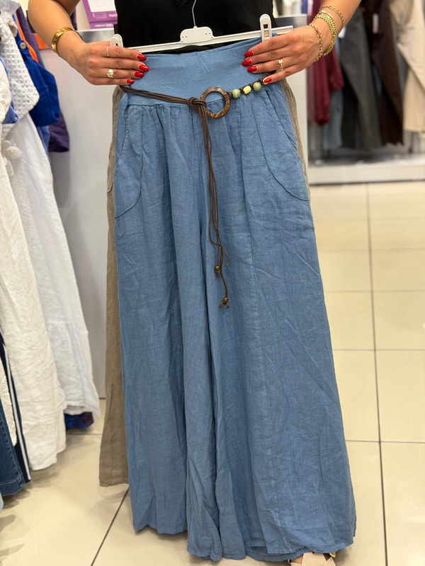 Beli Lastikli Kemer Detaylı Geniş Paça Pantolon Mavi