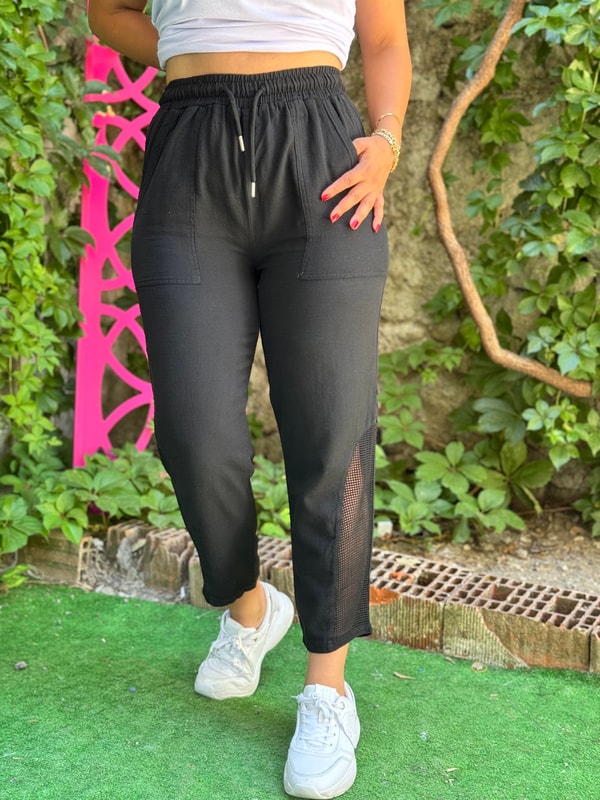 Beli Lastikli Paça Detaylı Keten Pantolon Siyah