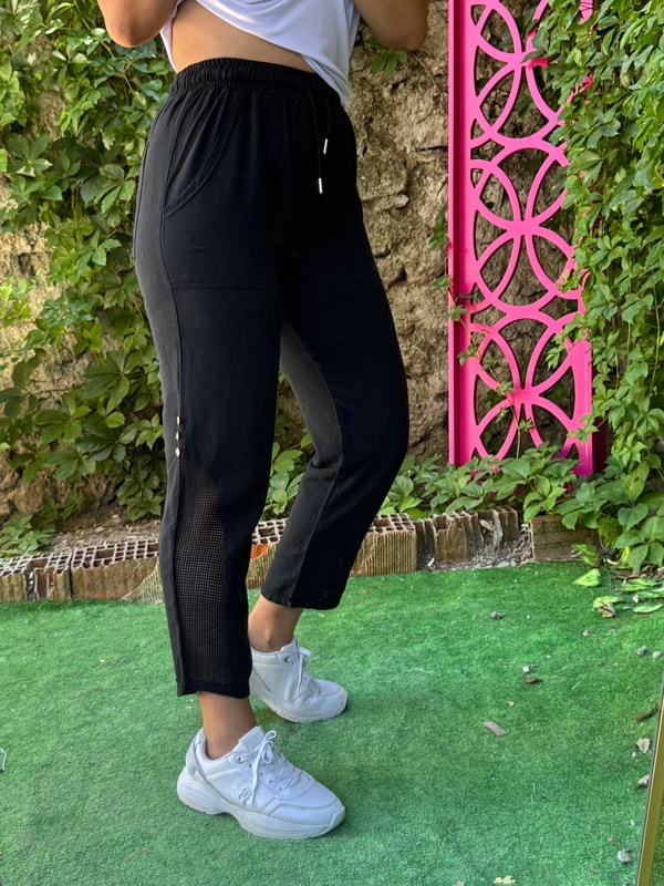 Beli Lastikli Paça Detaylı Keten Pantolon Siyah