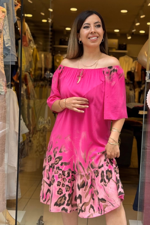 Büzgü Detaylı Leopar Desenli Elbise Pembe