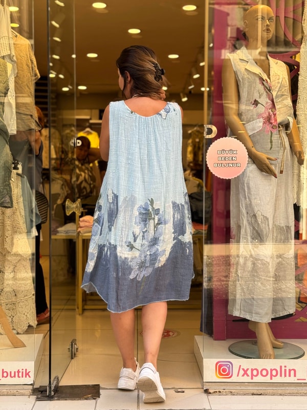Çiçek Desenli Kolsuz İthal Elbise Bebe Mavisi