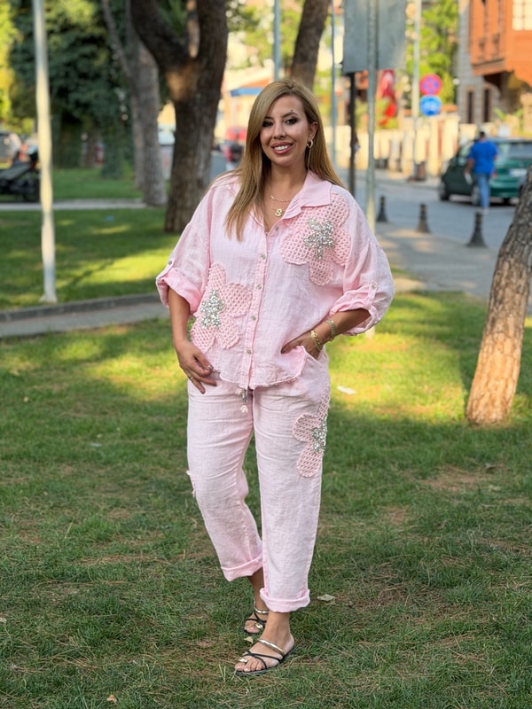 Çiçek Desenli Taşlı İkili Takım Pembe