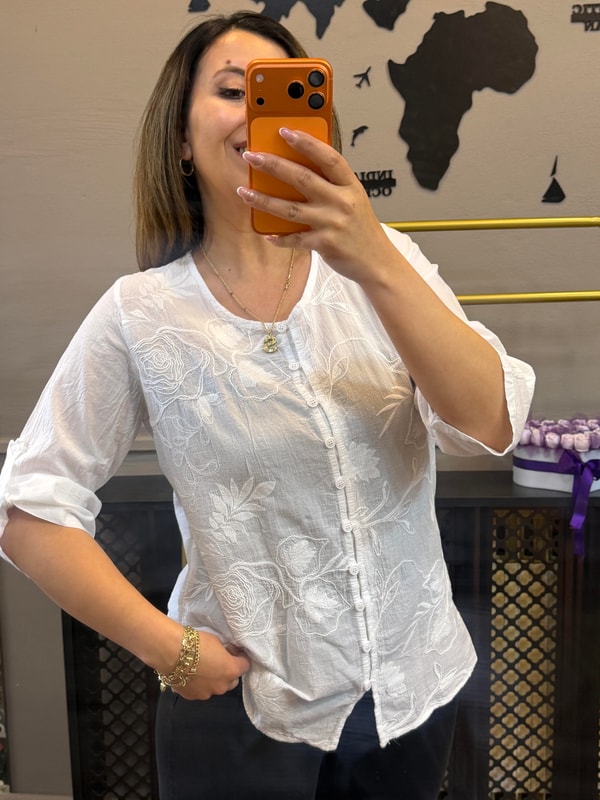 Desenli Pamuklu Gömlek Beyaz