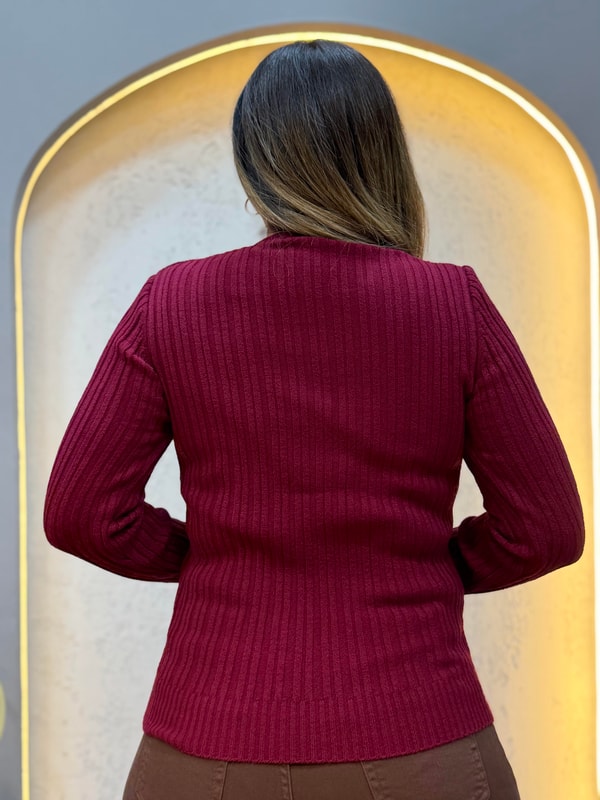 Düğme Detaylı Uzun Kollu Triko Bluz Bordo
