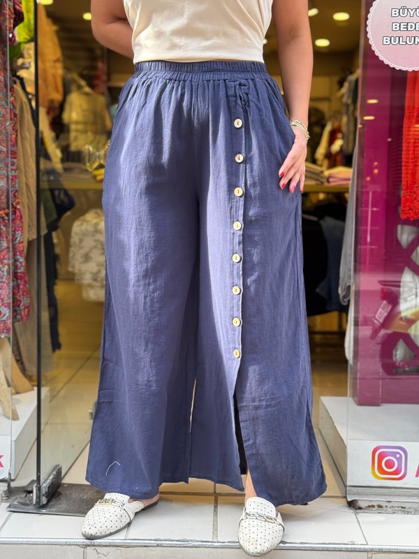 Düğme Detaylı Pantolon Lacivert