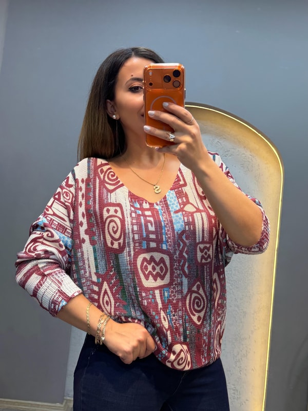 Etnik Desen İthal Bluz Bordo