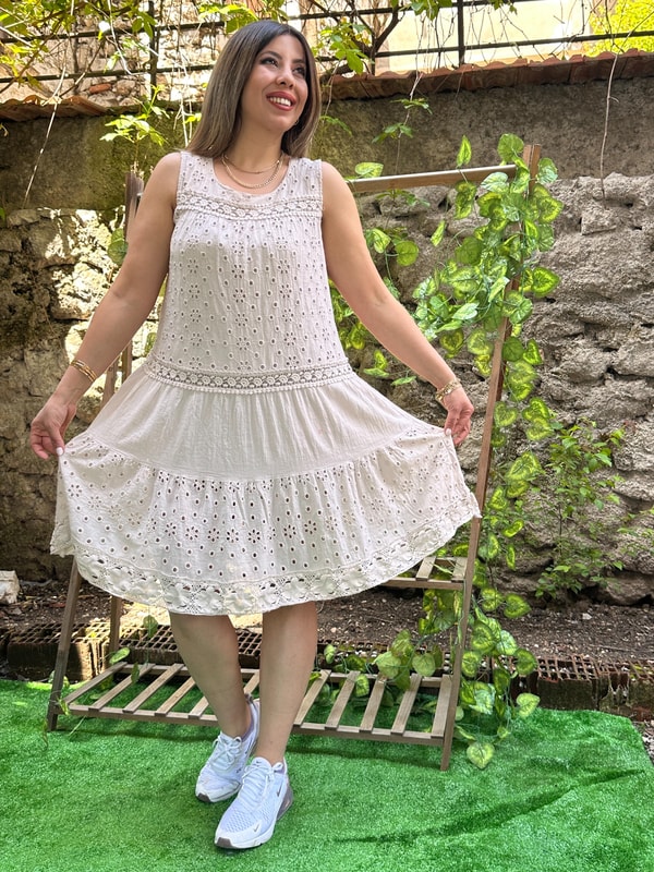 Fistolu %100 Pamuk Elbise Krem