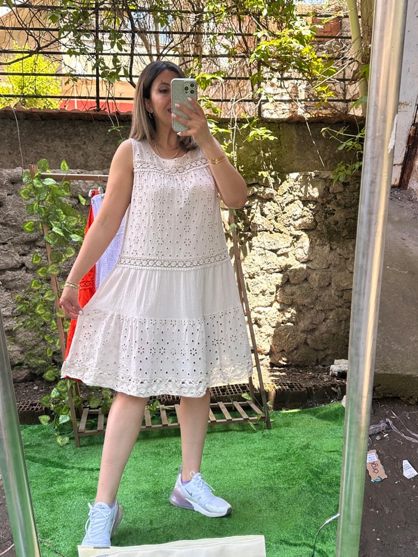 Fistolu %100 Pamuk Elbise Krem