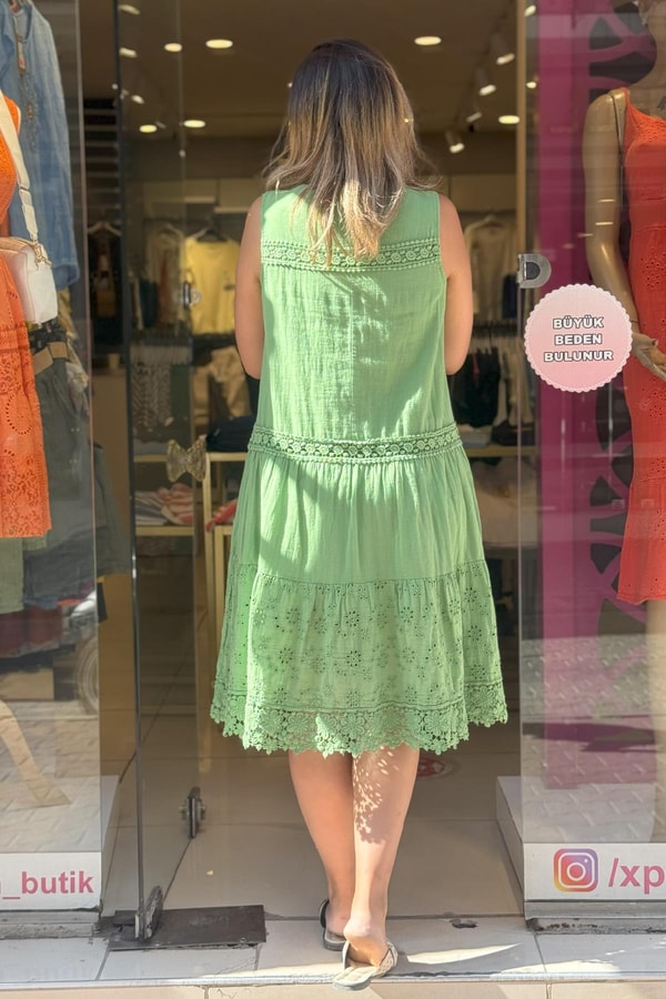 Fistolu %100 Pamuk Elbise Yeşil