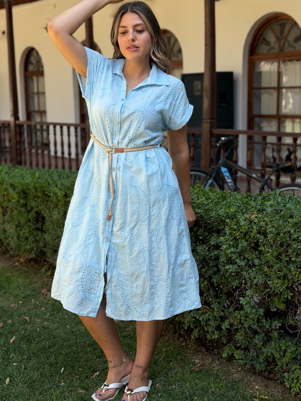 Fistolu Kemer Detay Polo Yaka Elbise Bebe Mavisi