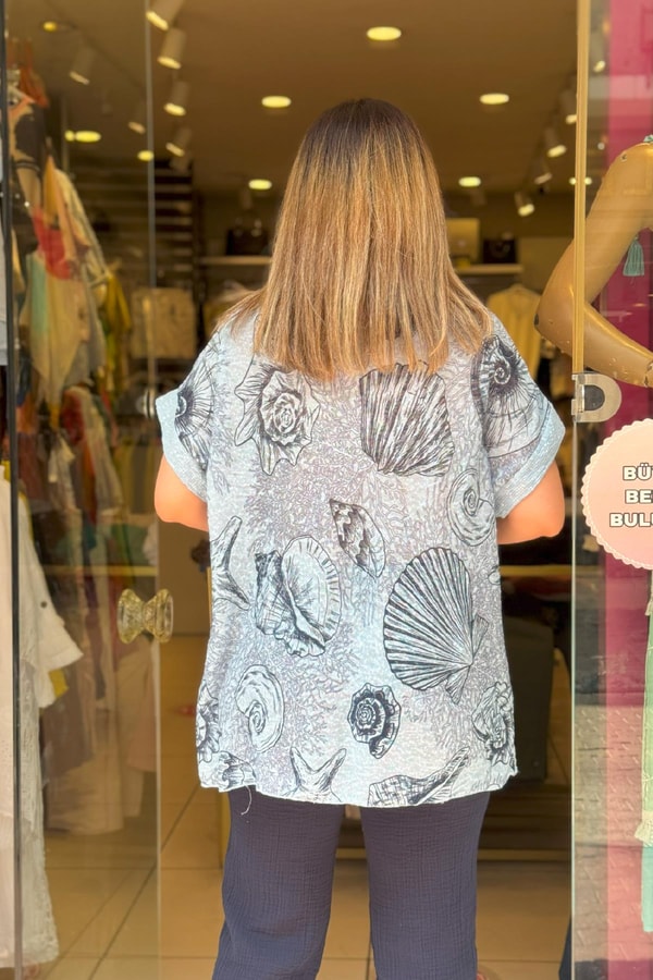 Fular Detaylı İthal Bluz Açık Mavi