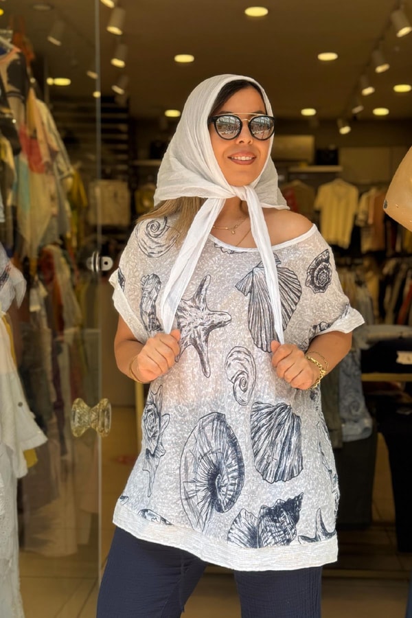 Fular Detaylı İthal Bluz Beyaz